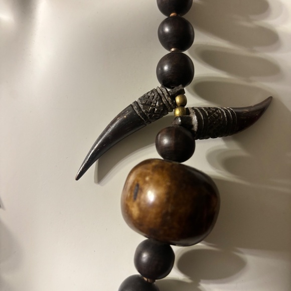 Black Wooden Beads with Metal Leaf Accent Necklace